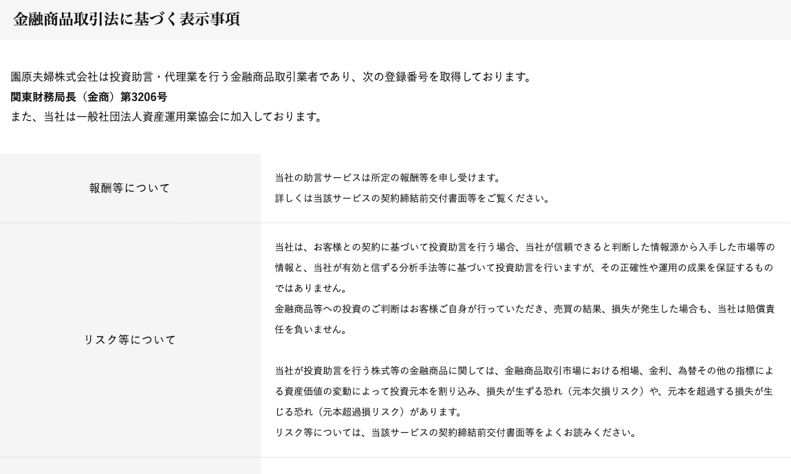園原夫婦株式会社の金融商品取引法に基づく表示事項。登録番号と加入協会のほか、元本欠損リスクと元本超過損リスクがあると記載されている