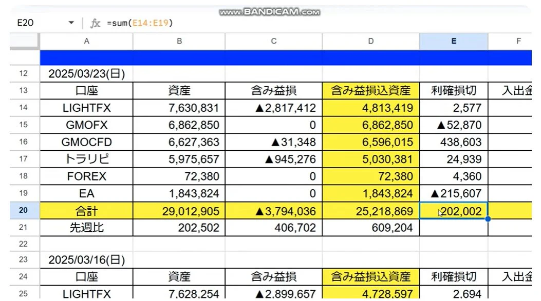 投資結果と資産状況の表