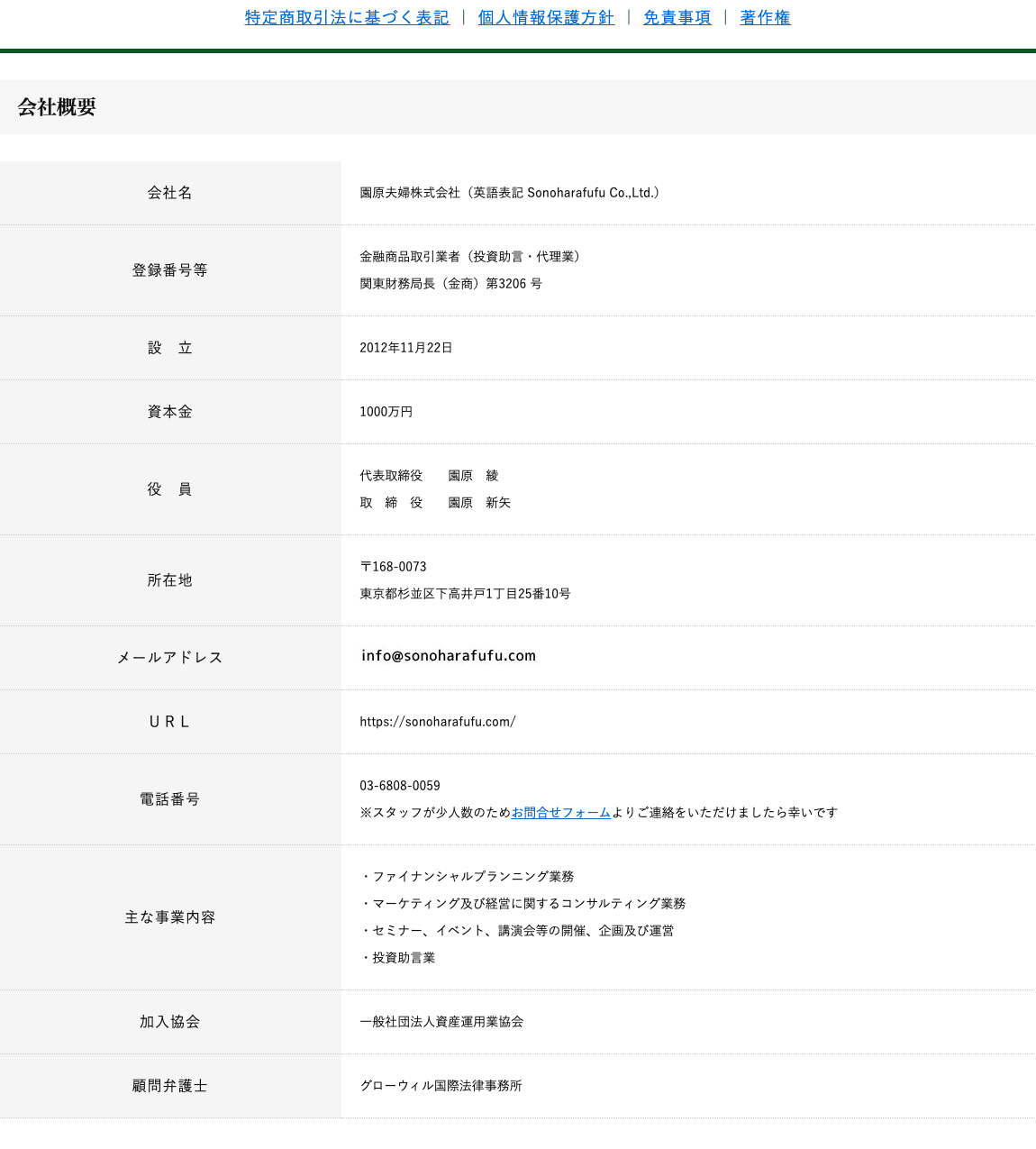 園原夫婦株式会社の会社概要。登録番号は関東財務局長（金商）第3206号、設立2012年11月22日、代表取締役は園原綾、所在地は東京都杉並区下高井戸と記載されている