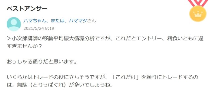 エントリー、利食いともに遅すぎるという口コミ