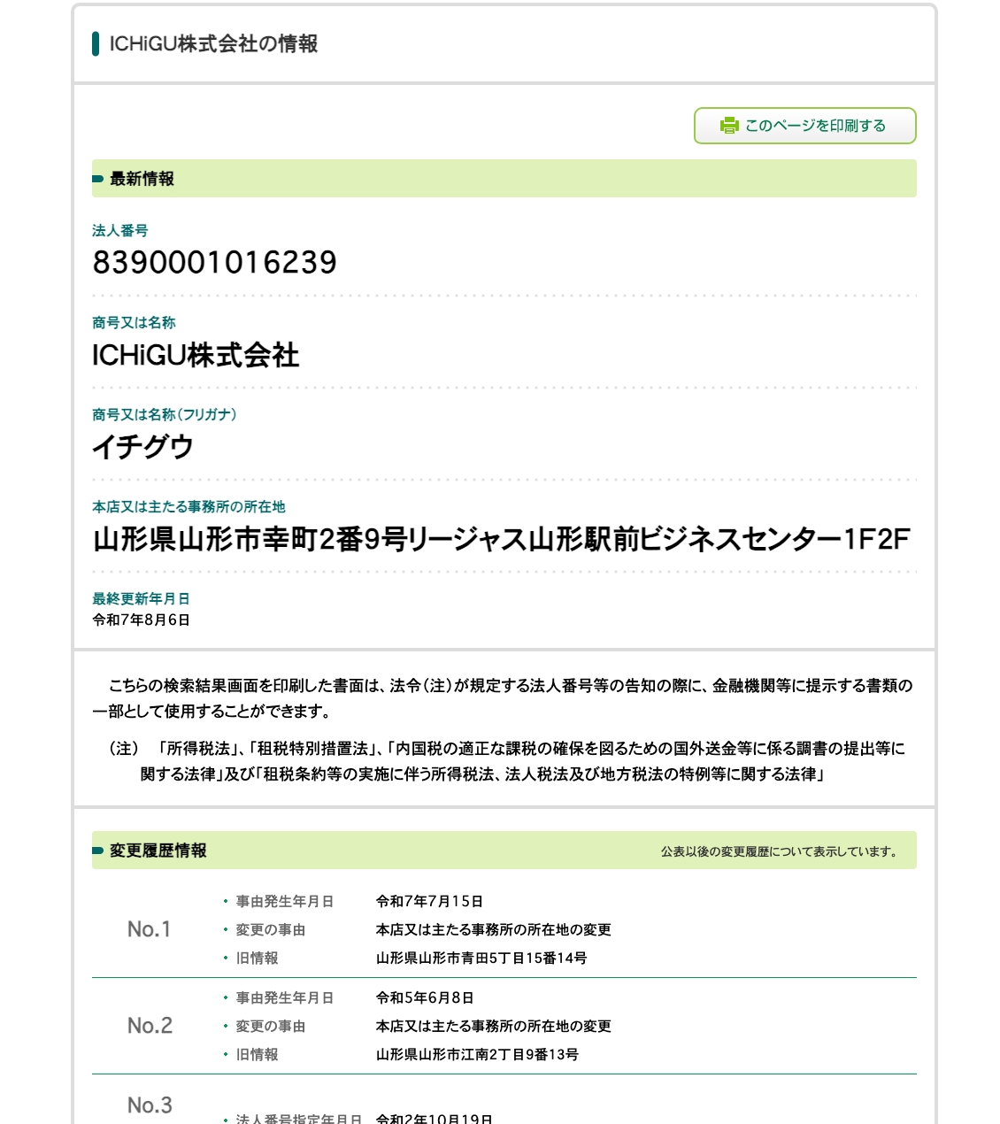 国税庁法人番号公表サイトのICHiGU株式会社の変更履歴