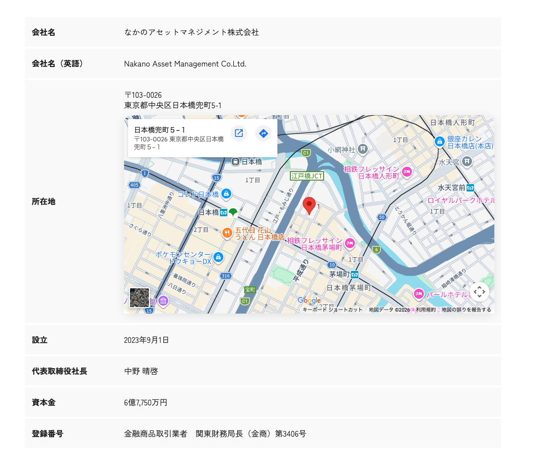 なかのアセットマネジメントの会社概要（設立・代表者・資本金・登録番号）