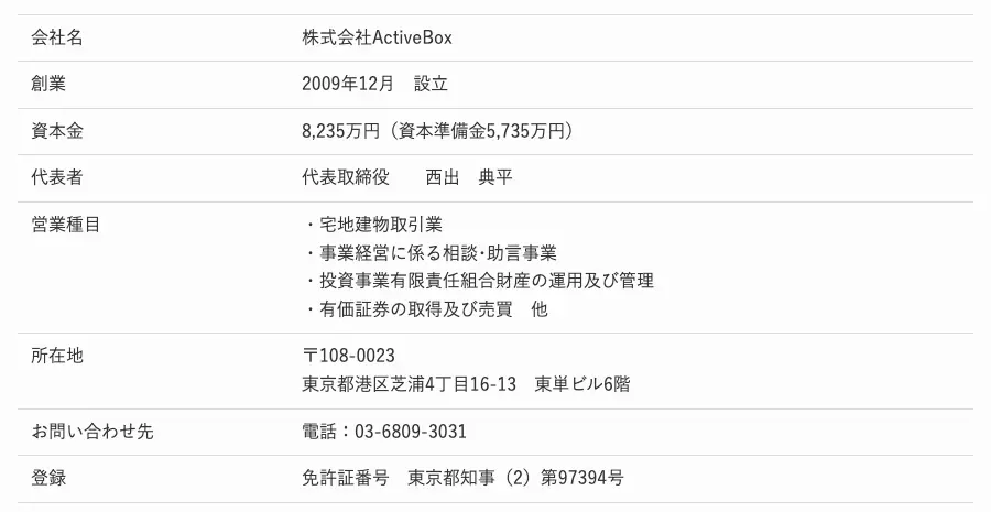 ActiveBox公式サイトの運営会社ページ。会社名 株式会社ActiveBox、創業2009年12月、資本金8,235万円、代表取締役 西出典平、所在地 東京都港区芝浦4丁目16-13、登録欄には宅地建物取引業の免許証番号だけが記載されている