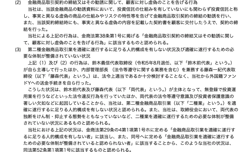 処分文の(2)と(3)。勧誘資料で投資信託と称し事実と異なる仕組みやリスクを告げた行為、鈴木義信前代表が主導し藤森一紀代表が送金手続きを行い取締役会にけん制する態勢がなかったことが記載されている