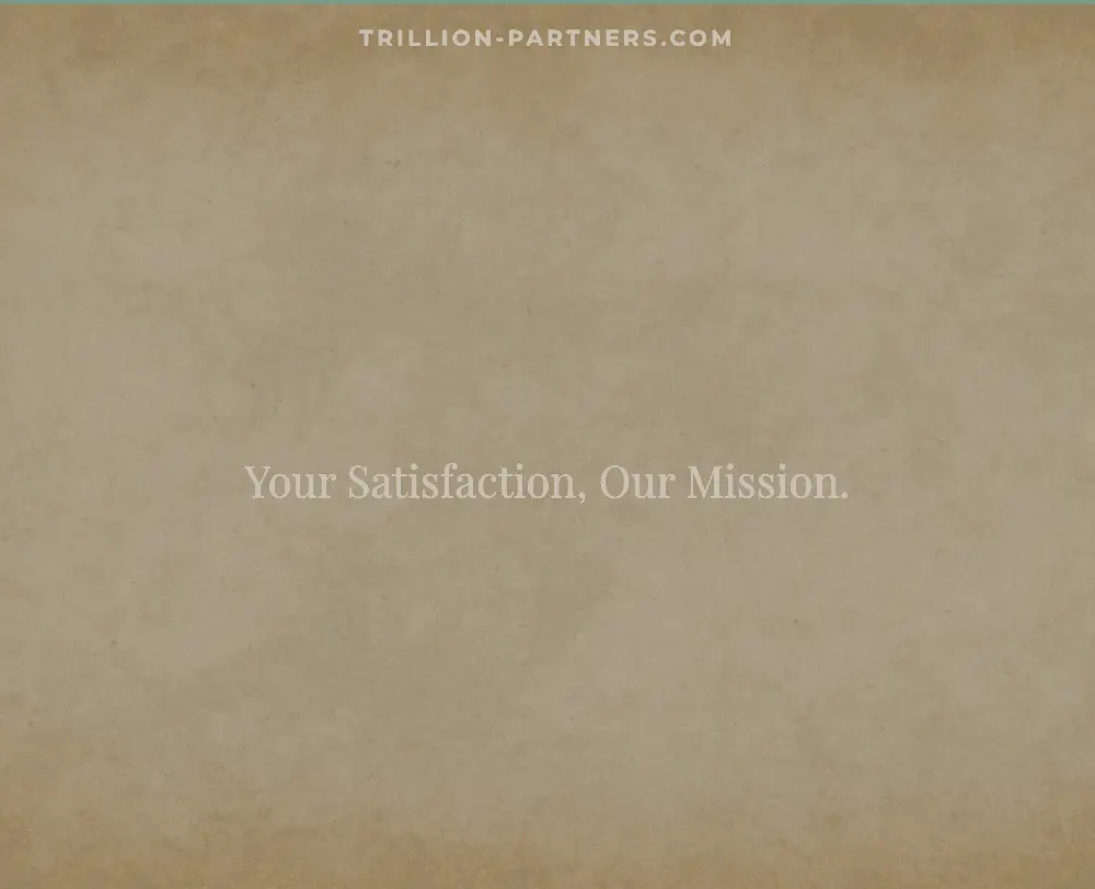 旧公式ドメインtrillion-partners.comの現在の表示。英語のひな形ページで「Your Satisfaction, Our Mission.」と問い合わせフォームだけがあり、会社名や登録番号の記載がない