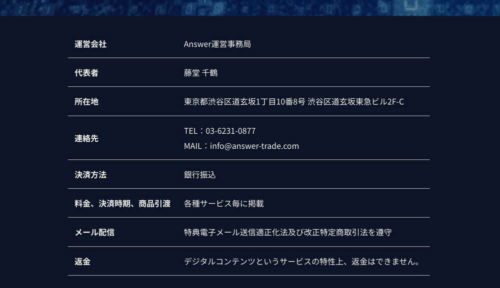 Answerの特定商取引法に基づく表示。運営会社の欄には法人名ではなく「Answer運営事務局」と記載され、返金はできませんと書かれている