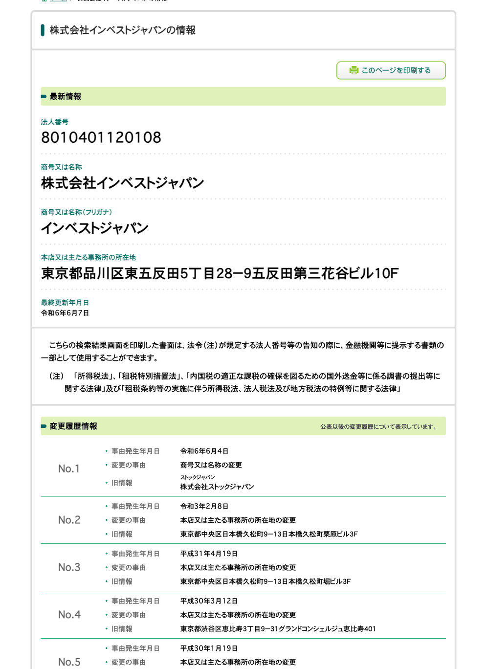 国税庁法人番号公表サイトの株式会社インベストジャパンの情報。変更履歴No.1に令和6年6月4日の商号変更と旧情報「株式会社ストックジャパン」が記載されている