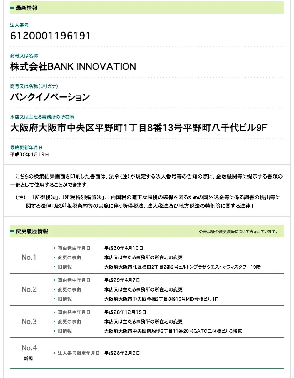 国税庁法人番号公表サイトの株式会社BANK INNOVATION（バンクイノベーション）のページ。法人番号6120001196191、本店は大阪市中央区平野町1丁目8番13号平野町八千代ビル9F。変更履歴は平成30年4月10日に梅田のヒルトンプラザウエストオフィスタワー19階から、平成29年4月7日に今橋のMID今橋ビル1Fから、平成28年12月19日に南船場のGATO三休橋ビル3階東から移転。法人番号指定は平成28年2月9日