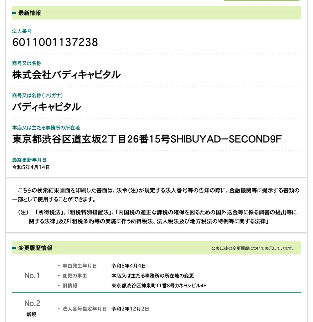 国税庁法人番号公表サイトの株式会社バディキャピタルの情報。法人番号6011001137238、所在地は東京都渋谷区道玄坂2丁目26番15号、変更履歴に令和5年4月4日の本店移転と旧所在地の渋谷区神泉町、法人番号指定年月日は令和2年12月2日と記載されている
