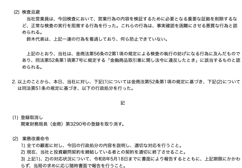 処分文の「検査忌避」と処分内容の部分。営業員が重要な証拠を削除したこと、関東財務局長(金商)第3290号の登録取消し、業務改善命令の3項目が記載されている