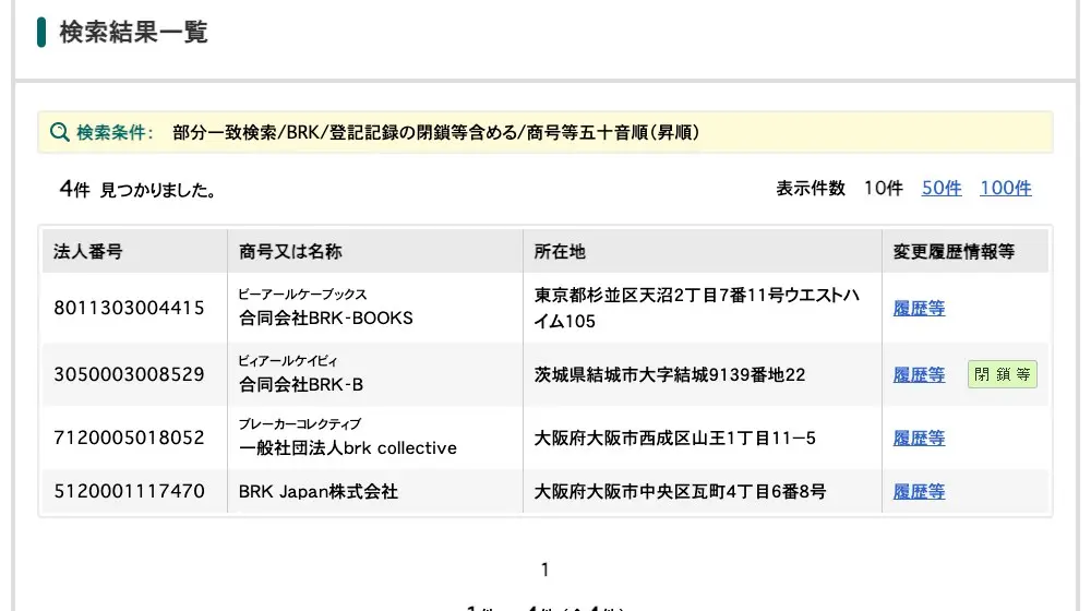 国税庁法人番号公表サイトで「BRK」を部分一致検索した結果。合同会社BRK-BOOKS、合同会社BRK-B(閉鎖等)、一般社団法人brk collective、BRK Japan株式会社の4件で、BRK labは含まれていない