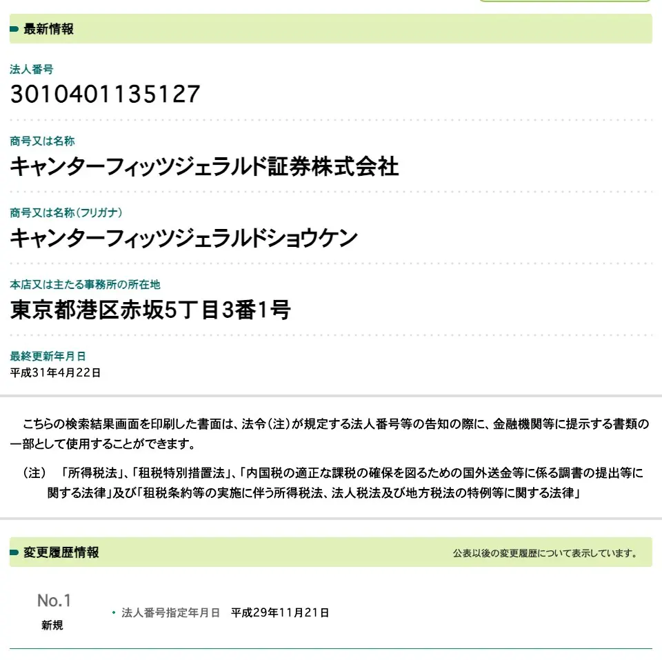 国税庁法人番号公表サイトの検索結果。法人番号3010401135127、商号キャンターフィッツジェラルド証券株式会社、本店所在地は東京都港区赤坂5丁目3番1号、最終更新年月日は平成31年4月22日。変更履歴情報はNo.1「新規」の法人番号指定年月日 平成29年11月21日の1件のみ