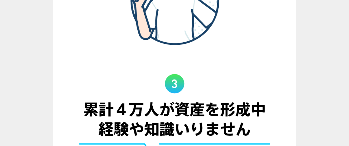チョコっと投資のLP。累計4万人が資産を形成中、経験や知識いりませんと表示されている