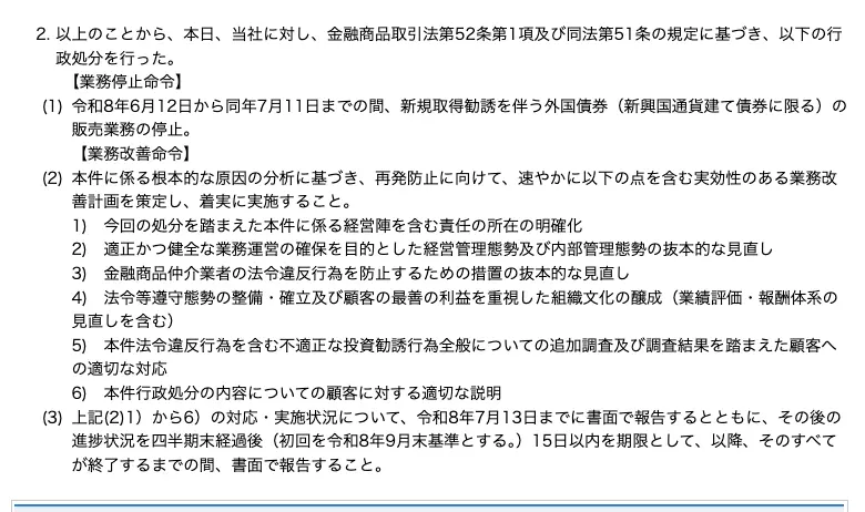 関東財務局の処分内容。業務停止命令として令和8年6月12日から7月11日まで新規取得勧誘を伴う新興国通貨建て外国債券の販売業務を停止、業務改善命令として責任の所在の明確化など6項目と、令和8年7月13日までの書面報告が記載されている