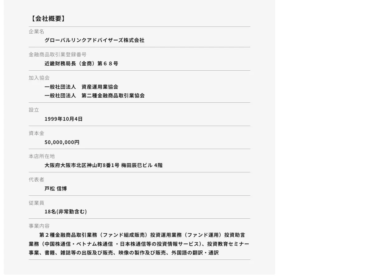 Fincs「トラプレミアム(投資戦略研究所)」の【会社概要】。企業名グローバルリンクアドバイザーズ株式会社、金融商品取引業登録番号 近畿財務局長(金商)第68号、加入協会 一般社団法人資産運用業協会・一般社団法人第二種金融商品取引業協会、設立1999年10月4日、資本金50,000,000円、本店所在地 大阪府大阪市北区神山町8番1号 梅田辰巳ビル4階、代表者 戸松信博、従業員18名(非常勤含む)、事業内容に第2種金融商品取引業務・投資運用業務・投資助言業務(中国株通信・ベトナム株通信・日本株通信等の投資情報サービス)などと書かれている