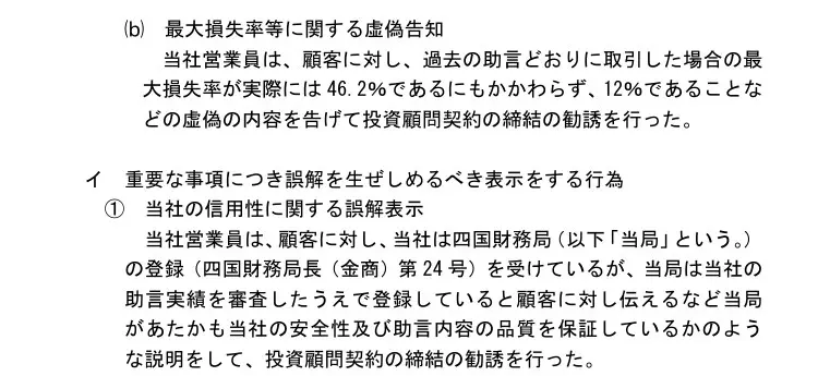 四国財務局の処分文(b)最大損失率等に関する虚偽告知とイ①当社の信用性に関する誤解表示。過去の助言どおりに取引した場合の最大損失率が実際には46.2％であるにもかかわらず12％であると告げた、四国財務局の登録を受けているが当局が助言実績を審査したうえで登録していると伝えるなど当局が安全性及び助言内容の品質を保証しているかのような説明をした、と記載