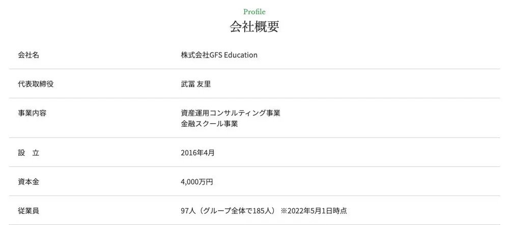 株式会社GFS Educationの会社概要。代表取締役 武冨友里、事業内容 資産運用コンサルティング事業・金融スクール事業、設立2016年4月、資本金4,000万円、従業員97人(グループ全体で185人)※2022年5月1日時点と記載