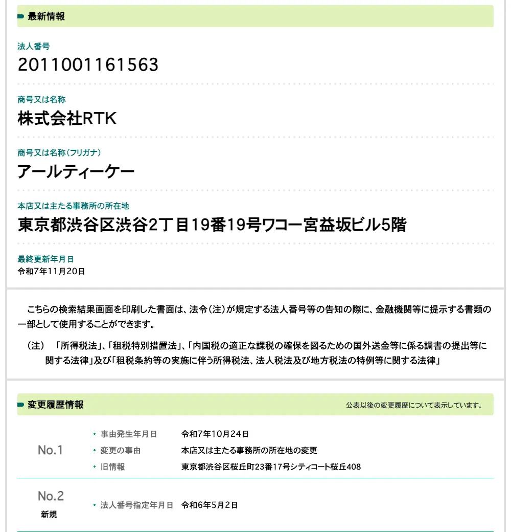 国税庁法人番号公表サイトの株式会社RTKの情報。法人番号2011001161563、所在地は東京都渋谷区渋谷2丁目19番19号ワコー宮益坂ビル5階。変更履歴に令和7年10月24日の本店移転（旧情報 渋谷区桜丘町23番17号シティコート桜丘408）と令和6年5月2日の法人番号指定が記載されている