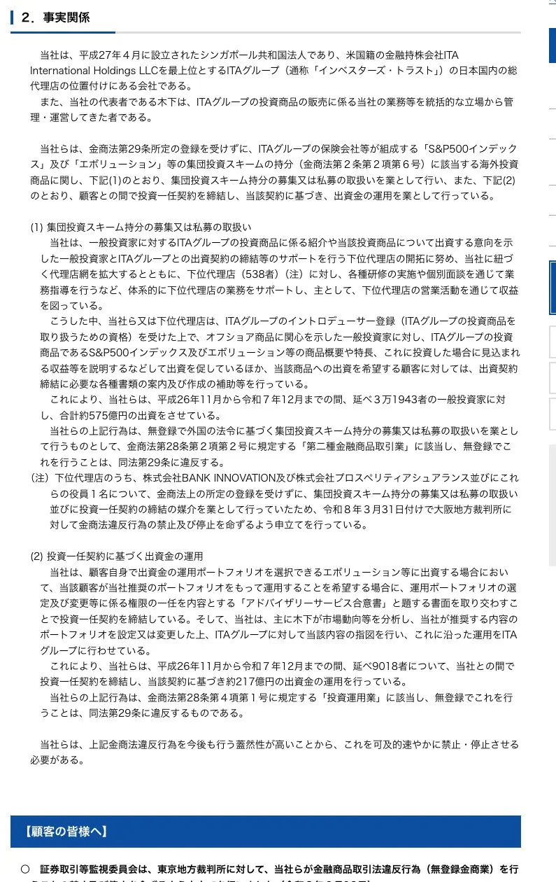 証券取引等監視委員会の発表「2. 事実関係」。当社は平成27年4月設立のシンガポール法人でITAグループ（通称インベスターズ・トラスト）の日本国内の総代理店。下位代理店538者を通じ平成26年11月から令和7年12月までに延べ3万1943者から合計約575億円の出資、投資一任契約は延べ9018者・約217億円の運用という内容