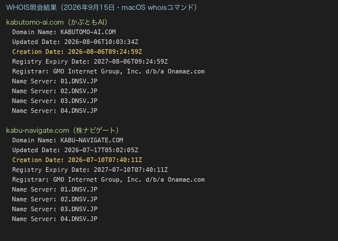 WHOIS照会結果。kabutomo-ai.comの登録日は2026年8月6日、kabu-navigate.comの登録日は2026年7月10日、どちらもレジストラはGMO Internet Groupと表示されている