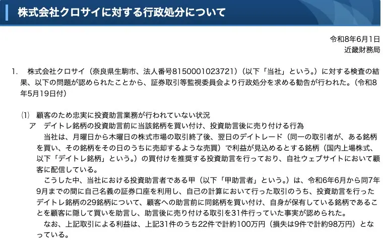 近畿財務局の処分文（1）ア。当社の投資助言者である甲が令和6年6月から同7年9月までの間に自己名義の証券口座で、投資助言を行ったデイトレ銘柄29銘柄について助言前に買い付け、保有を顧客に隠して買いを助言し、助言後に売り付ける取引を31件行っていた、利益は22件で計約100万円、損失は9件で計約98万円と記載