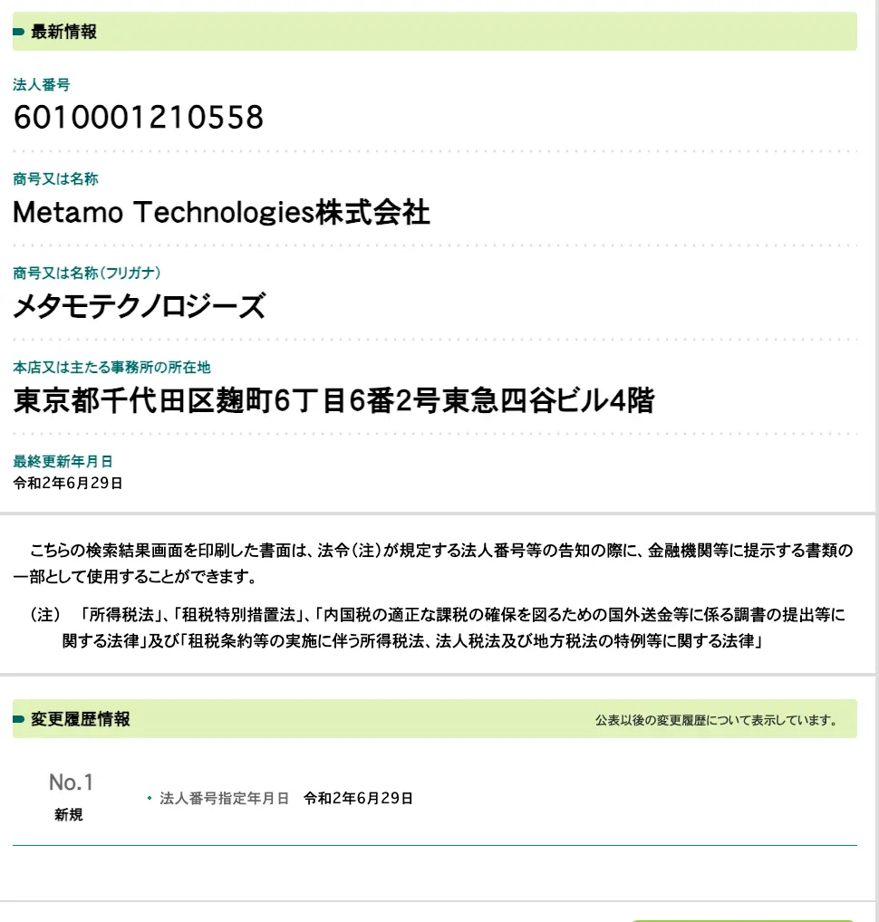 国税庁法人番号公表サイトのMetamo Technologies株式会社のページ。法人番号6010001210558、本店は東京都千代田区麹町6丁目6番2号東急四谷ビル4階、法人番号指定は令和2年6月29日