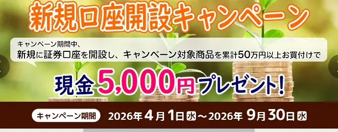 三木証券公式サイトの新規口座開設キャンペーンのバナー。新規に証券口座を開設しキャンペーン対象商品を累計50万円以上買い付けると現金5,000円プレゼント、期間は2026年4月1日から9月30日と表示されている