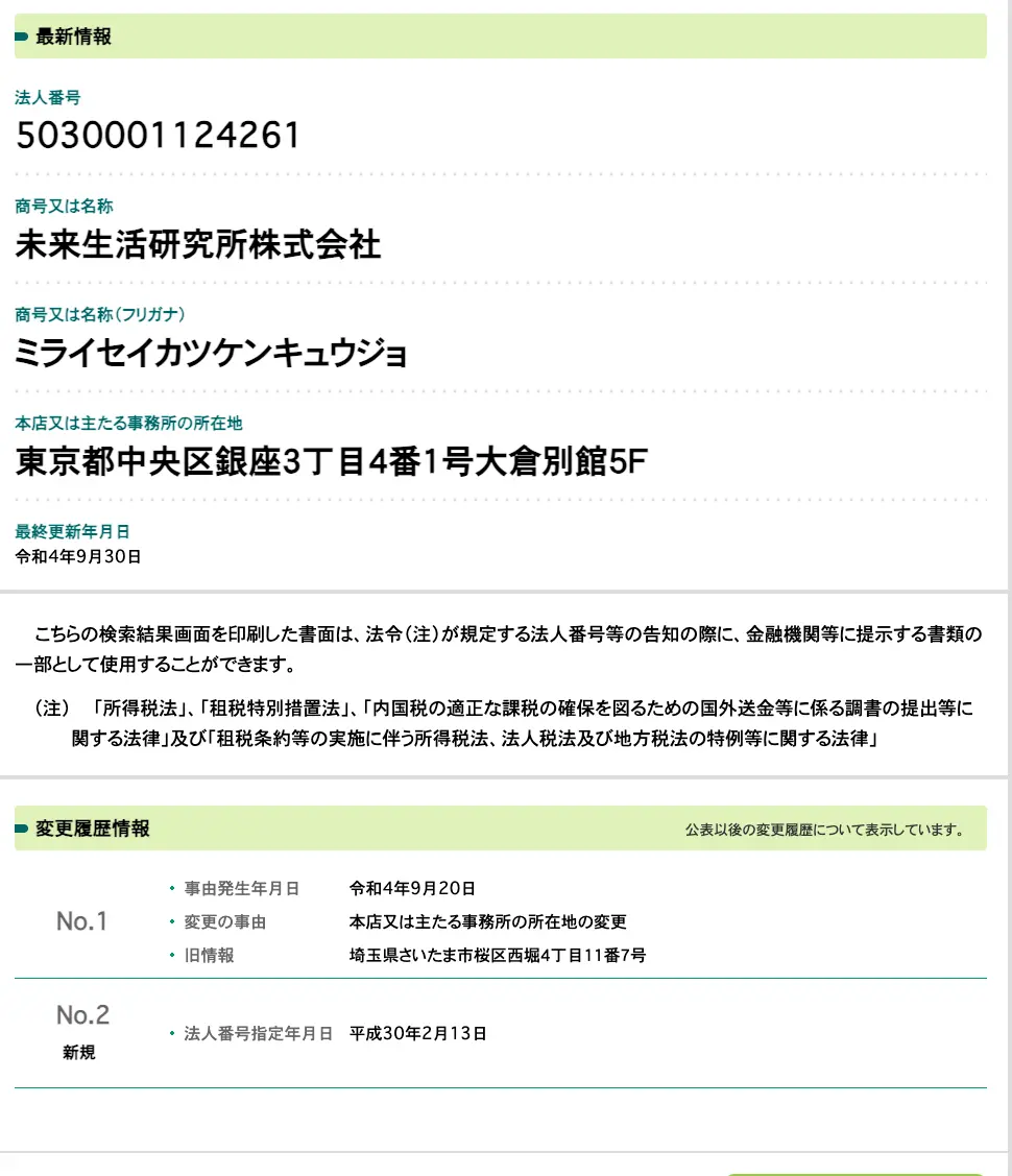 国税庁法人番号公表サイトの未来生活研究所株式会社のページ。法人番号5030001124261、本店は東京都中央区銀座3丁目4番1号大倉別館5F、令和4年9月20日に埼玉県さいたま市桜区から移転、法人番号指定は平成30年2月13日