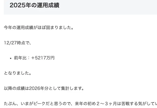 中原良太の株式予報「2025年の運用成績」の記事。12/27時点で前年比:+5217万円となりました、以降の成績は2026年分として集計します、たぶんいまがピークだと思うので来年の初め2〜3ヶ月は苦戦する気がしています、と書かれている