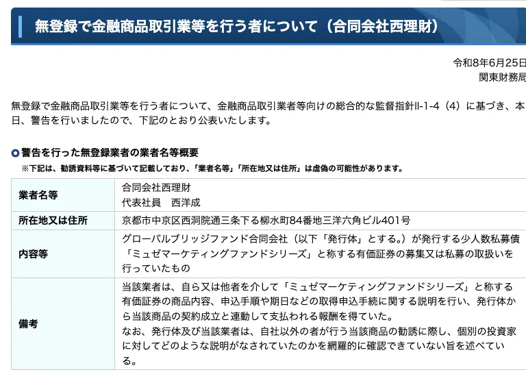 関東財務局が公表した合同会社西理財への警告。代表社員は西洋成、所在地は京都市中京区西洞院通三条下る柳水町84番地三洋六角ビル401号、内容等はグローバルブリッジファンド合同会社が発行する少人数私募債「ミュゼマーケティングファンドシリーズ」の募集又は私募の取扱いと記載されている