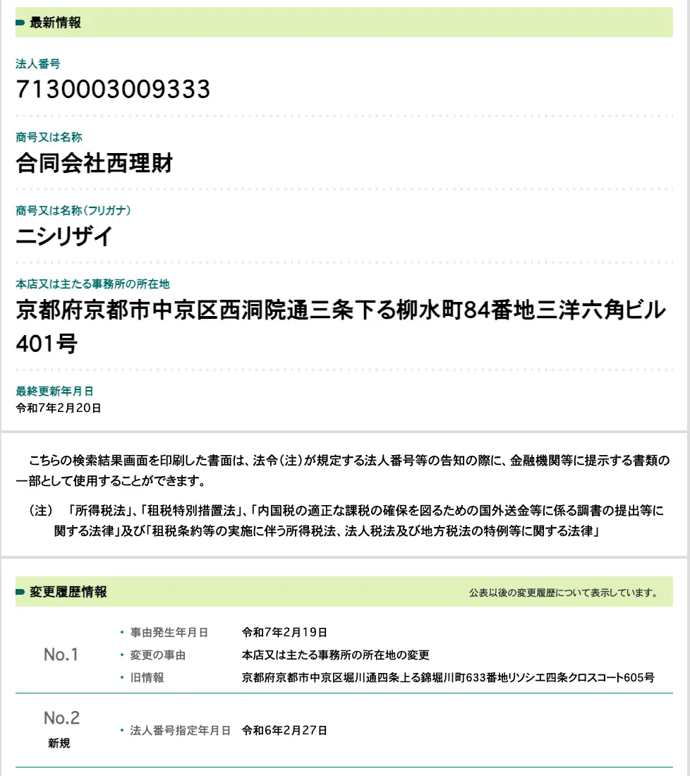 国税庁法人番号公表サイトの合同会社西理財の情報。法人番号7130003009333、本店は京都府京都市中京区西洞院通三条下る柳水町84番地三洋六角ビル401号、令和7年2月19日に同区内の錦堀川町から本店を移転した変更履歴と、令和6年2月27日の法人番号指定日が表示されている