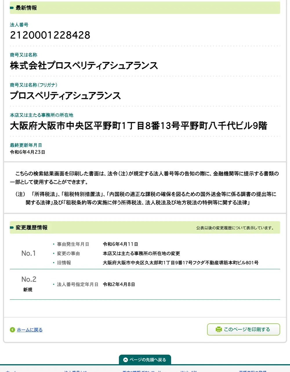 国税庁法人番号公表サイトの株式会社プロスペリティアシュアランスのページ。法人番号2120001228428、本店は大阪府大阪市中央区平野町1丁目8番13号平野町八千代ビル9階、最終更新年月日は令和6年4月23日。変更履歴は令和6年4月11日に中央区久太郎町1丁目9番17号フクダ不動産堺筋本町ビル801号から所在地を変更。法人番号指定は令和2年4月8日