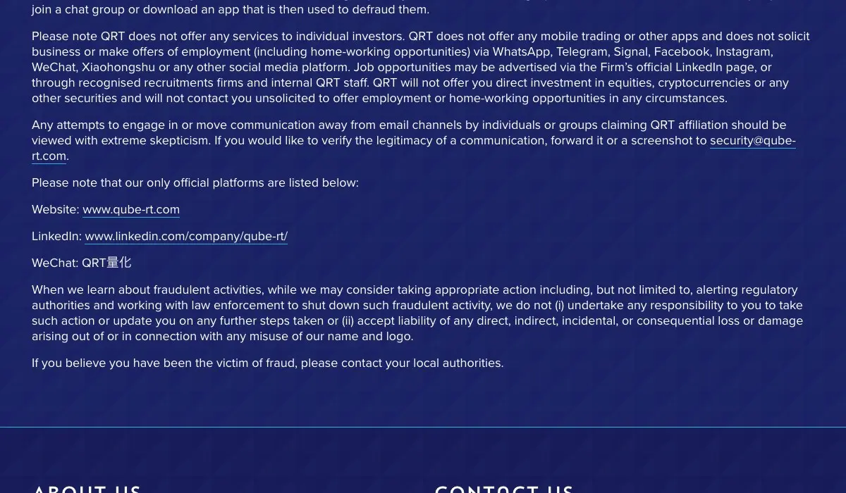 Qube Research & Technologies公式サイトの「Fraud and impersonation warnings」ページ。QRT does not offer any services to individual investors(QRTは個人投資家向けのサービスを提供していない)、WhatsApp・Telegram・Signal・Facebook・InstagramなどのSNSで勧誘や雇用の申し出はしないと記載した英文