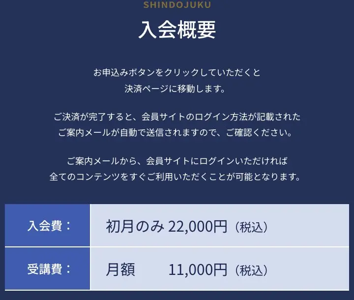 神藤塾 公式LPの入会概要。申込ボタンから決済ページに移るという説明の下に、入会費は初月のみ22,000円(税込)、受講費は月額11,000円(税込)と書かれた表がある