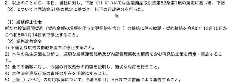 処分の内容。新たな投資顧問契約の勧誘・契約締結を令和5年12月15日から令和6年1月14日まで停止する業務停止命令と、不適切な広告の停止・再発防止策・顧客への説明・責任の所在の明確化を求める業務改善命令