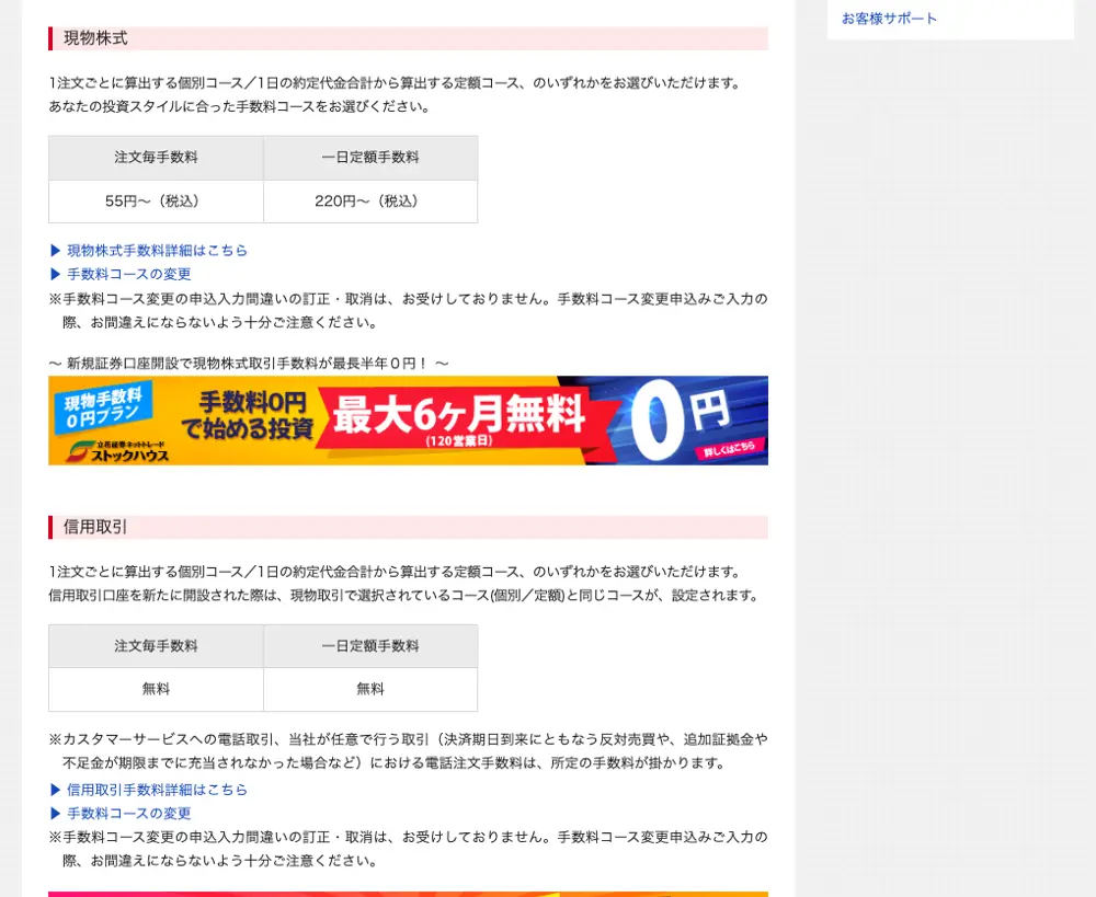 立花証券ストックハウス公式サイトの手数料ページ。現物株式は注文毎55円から・一日定額220円から、信用取引は注文毎・一日定額とも無料、新規口座開設で現物手数料が最長半年0円のバナーが表示されている