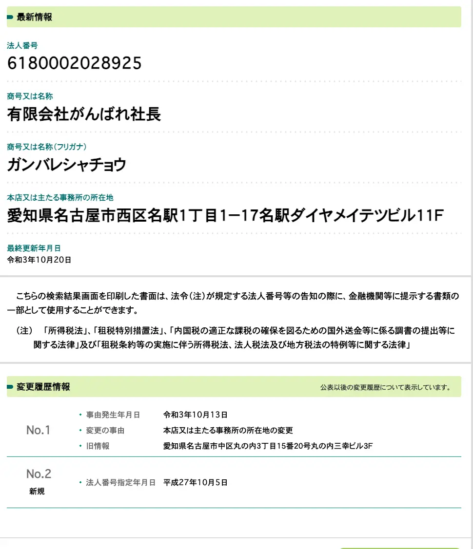 国税庁法人番号公表サイトの有限会社がんばれ社長のページ。法人番号6180002028925、本店は愛知県名古屋市西区名駅1丁目1-17名駅ダイヤメイテツビル11F、令和3年10月13日に中区丸の内から移転