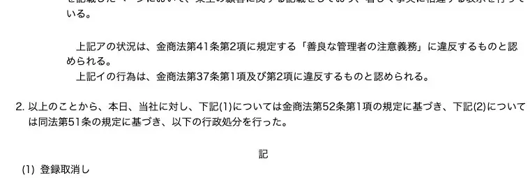 処分文の結論部分。上記アの状況は金商法第41条第2項の善良な管理者の注意義務に違反、上記イの行為は第37条第1項及び第2項に違反、下記(1)は第52条第1項、下記(2)は第51条に基づき行政処分を行った、記、(1)登録取消し、と記載