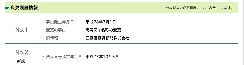 法人番号公表サイトの変更履歴。平成28年7月1日に商号を匠投信投資顧問株式会社から変更した記録と、平成27年10月5日の法人番号指定