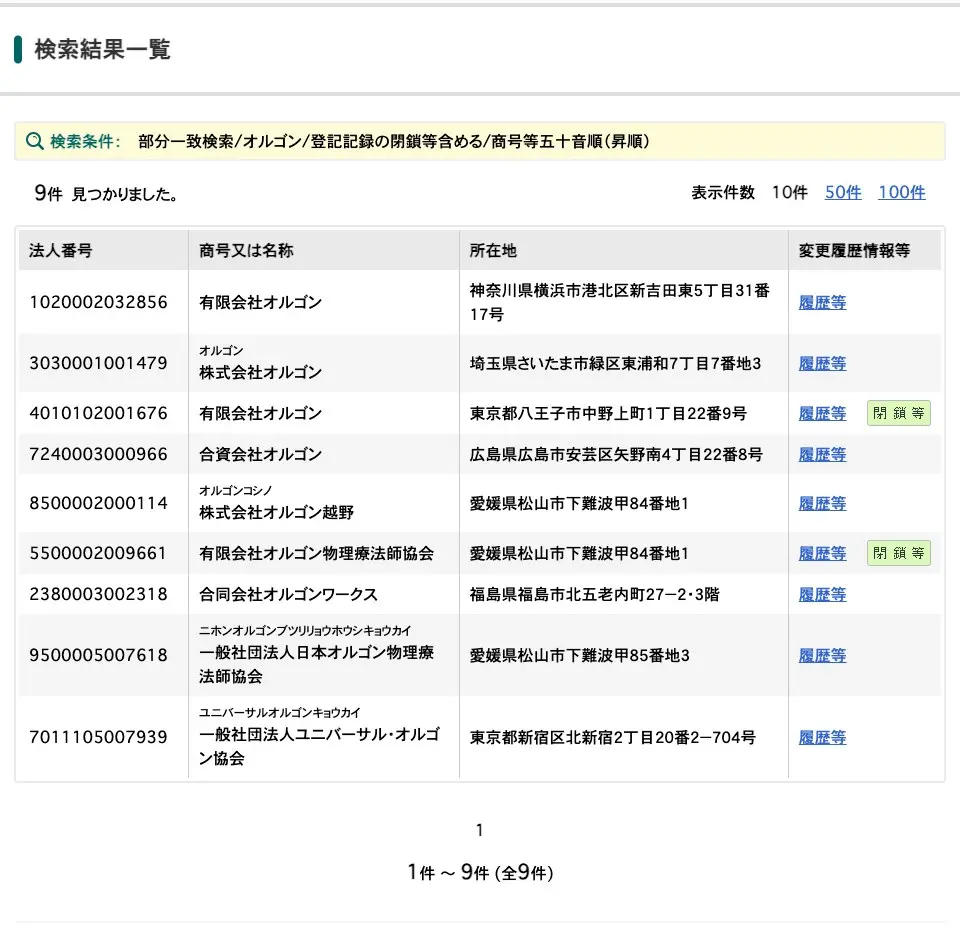 国税庁法人番号公表サイトで「オルゴン」を部分一致検索した結果一覧9件。合資会社オルゴンは広島県広島市安芸区矢野南4丁目22番8号の1件