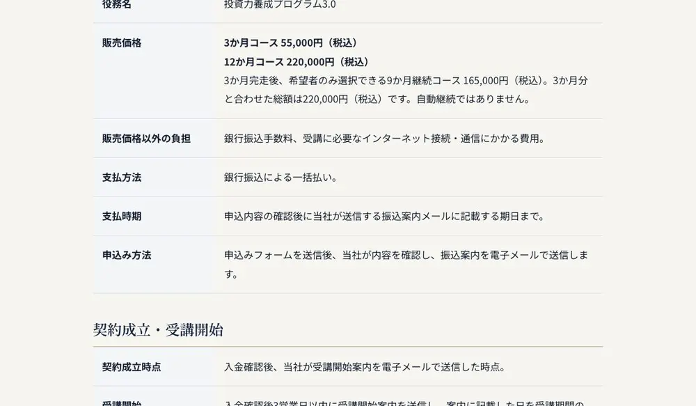 実践投資研究所の特定商取引法に基づく表記の販売価格。3か月コース55,000円(税込)、12か月コース220,000円(税込)、3か月完走後の9か月継続コース165,000円(税込)