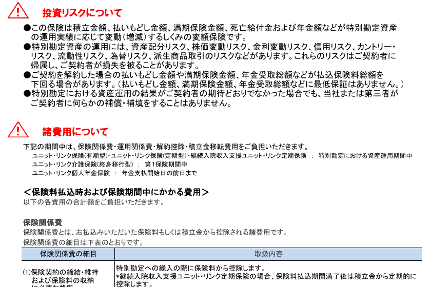 ユニット・リンク保険運用レポートのリスク・諸費用ページ。投資リスクの列挙と、払いもどし金・満期保険金に最低保証がない旨、保険関係費の細目表の冒頭