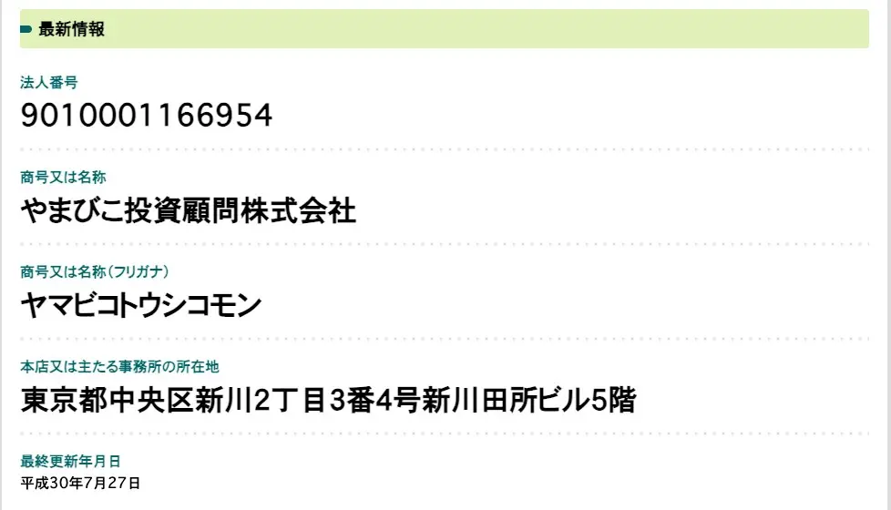 国税庁法人番号公表サイトに表示された法人番号9010001166954の最新情報。商号はやまびこ投資顧問株式会社、所在地は東京都中央区新川2丁目3番4号新川田所ビル5階、最終更新は平成30年7月27日