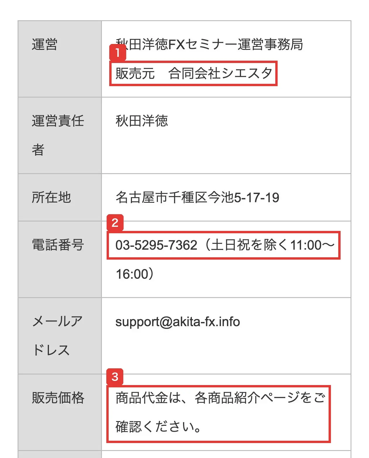 秋田洋徳FXセミナー運営事務局の特定商取引法に基づく表記。販売元 合同会社シエスタ、運営責任者 秋田洋徳、所在地 名古屋市千種区今池5-17-19、電話番号 03-5295-7362、販売価格 商品代金は各商品紹介ページをご確認ください