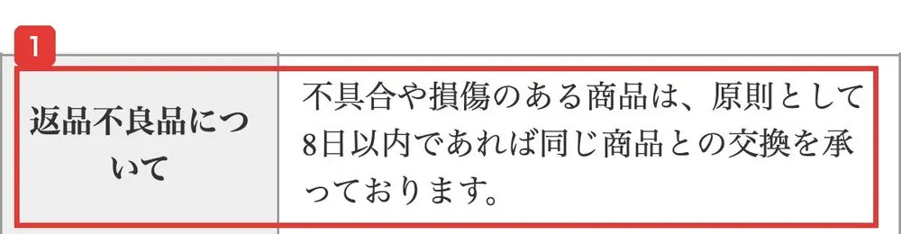 ALBAの特定商取引法に基づく表記の返品不良品についての欄。不具合や損傷のある商品は、原則として8日以内であれば同じ商品との交換を承っておりますと書かれている