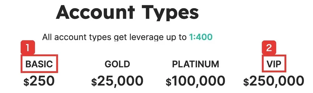 Apex WealthのAccount Typesのページ。All account types get leverage up to 1:400。BASIC $250、GOLD $25,000、PLATINUM $100,000、VIP $250,000と書かれている