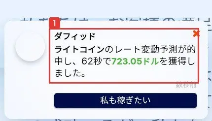 Apex Wealthのトップページの左下に出た別の通知。ダフィッド、ライトコインのレート変動予測が的中し、62秒で723.05ドルを獲得しました。私も稼ぎたいのボタンがある