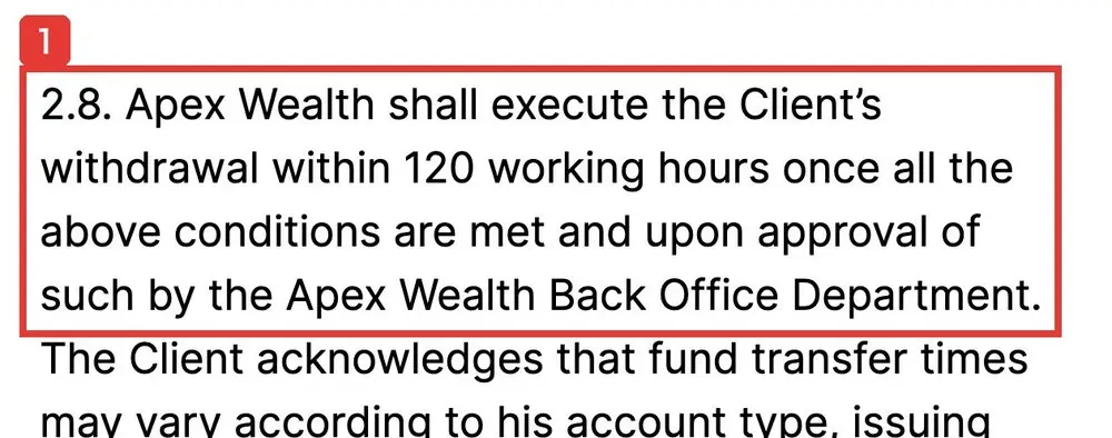Apex WealthのTerms And Conditionsの2.8。Apex Wealth shall execute the Client's withdrawal within 120 working hours once all the above conditions are met and upon approval of such by the Apex Wealth Back Office Department.と書かれている