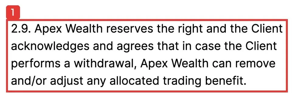 Apex WealthのTerms And Conditionsの2.9。Apex Wealth reserves the right and the Client acknowledges and agrees that in case the Client performs a withdrawal, Apex Wealth can remove and/or adjust any allocated trading benefit.と書かれている