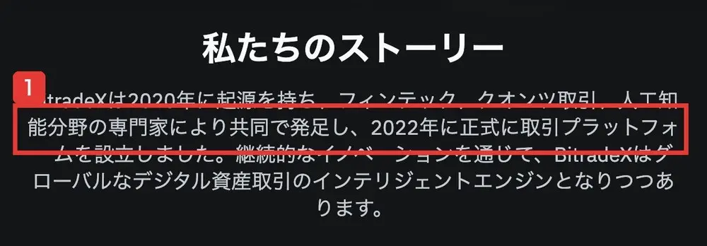 bitradex.aiの会社紹介のページの私たちのストーリー。BitradeXは2020年に起源を持ち、フィンテック、クオンツ取引、人工知能分野の専門家により共同で発足し、2022年に正式に取引プラットフォームを設立しましたと書かれている